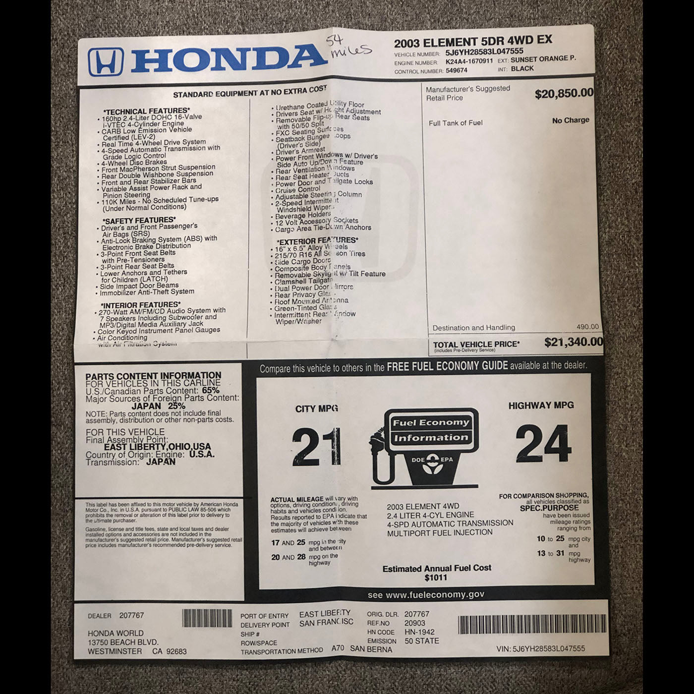 2003 Honda Element EX, Auto - Low Mile CA Car - SOLD